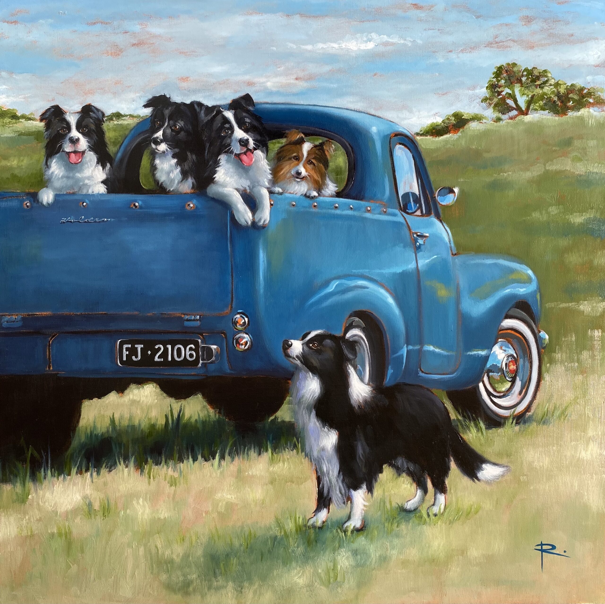 FIVE DOGGOS AND AN FJ UTE.76cm x 76cm (2)
